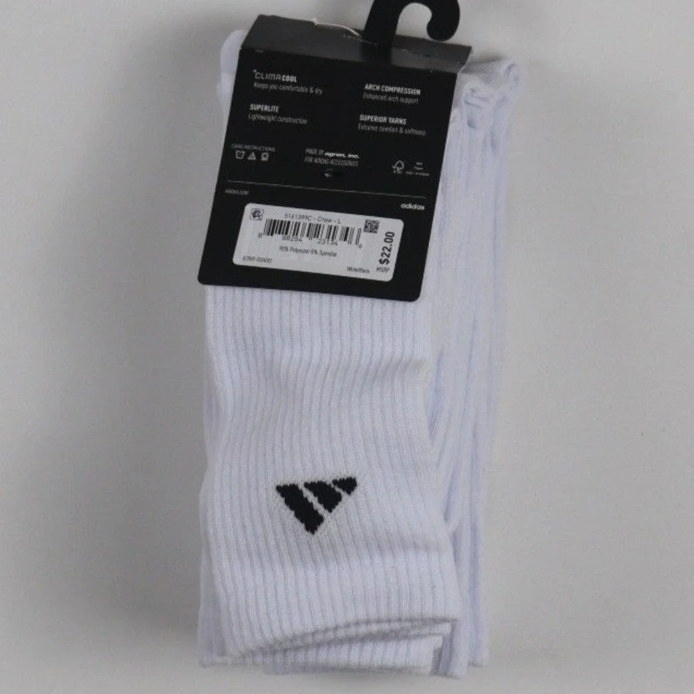 Adidas Socks Superlite ClimaCool Crew White Solid Large 6 Pair NWT